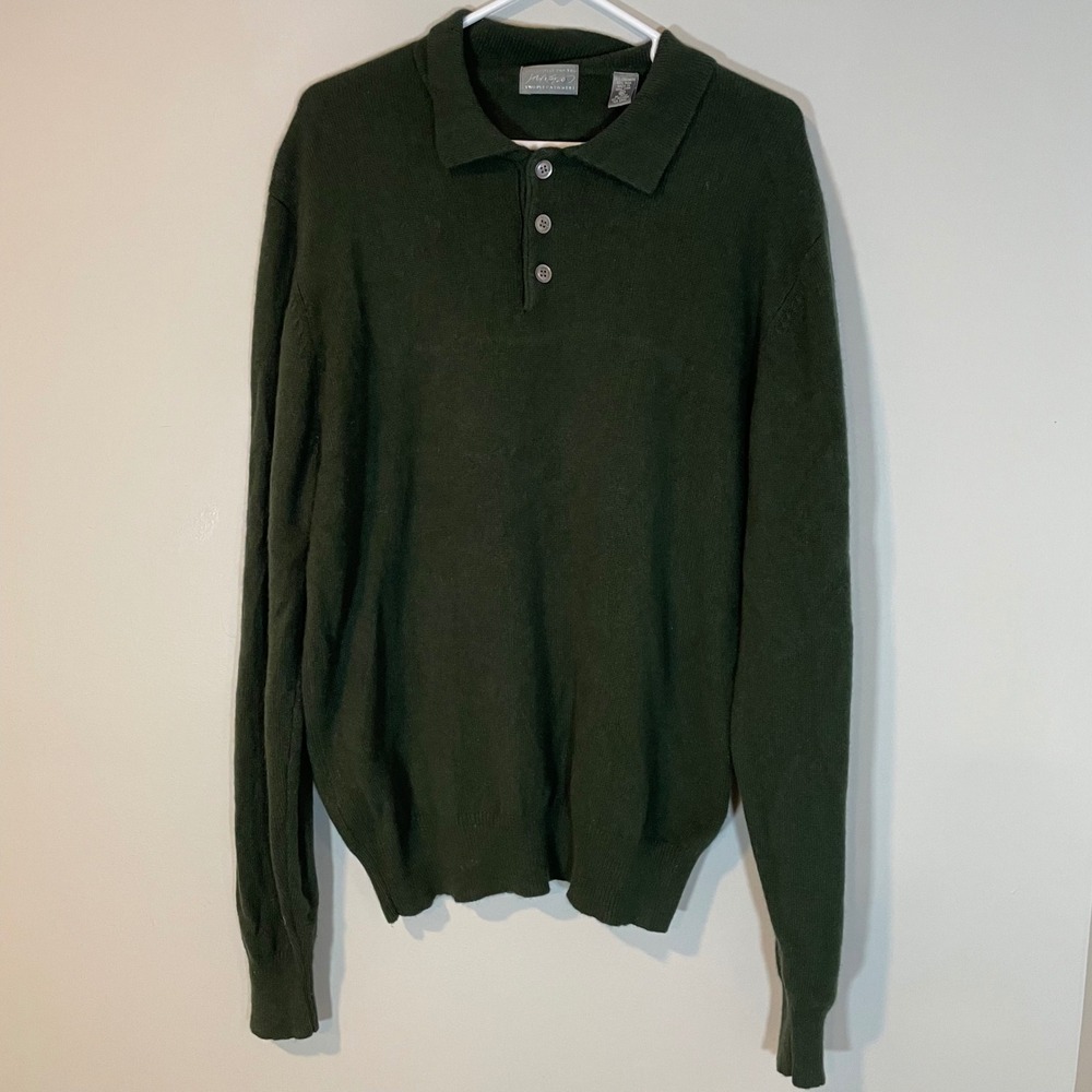 Lord & Taylor Mens XL‎ Cashmere Wool Polo Sweater Green Long Sleeve Knit HOLE